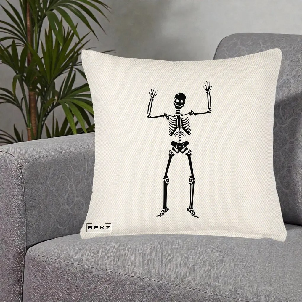 Perna Decorativa Halloween Schelet Dansator, 40x40 cm, Crem Reliefat, Husa Detasabila, Perna Inclusa, BEKZ®