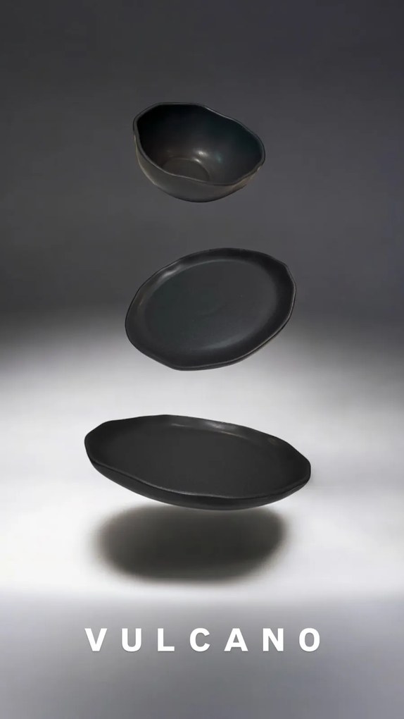 Set Farfurii NOVUM Vulcano 3 piese Negru Mat Carbon (1 Farfurie 26cm, 1 Farfurie 20cm, 1 Bol 480ml) Glazurat Manual