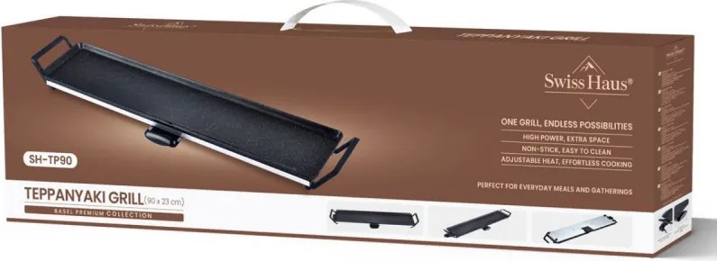 Gratar teppanyaki Swiss Haus SH-TP90, 2000 W, 90 x 23 cm, Acoperire ceramica, Piese detasabile, Control temperatura, Negru