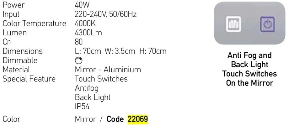 Oglinda baie cu iluminat LED MIRROR 40W 4000K SQUARE