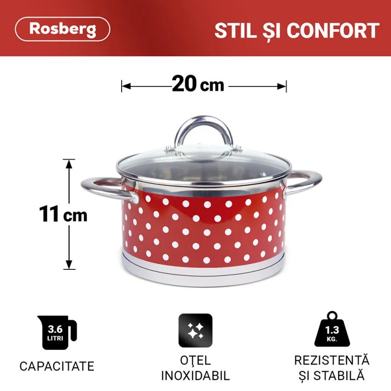 Oala Rosberg R51210I20, 20 cm, 3,6 litri, Fund dublu, Inductie, Otel inoxidabil, Rosu