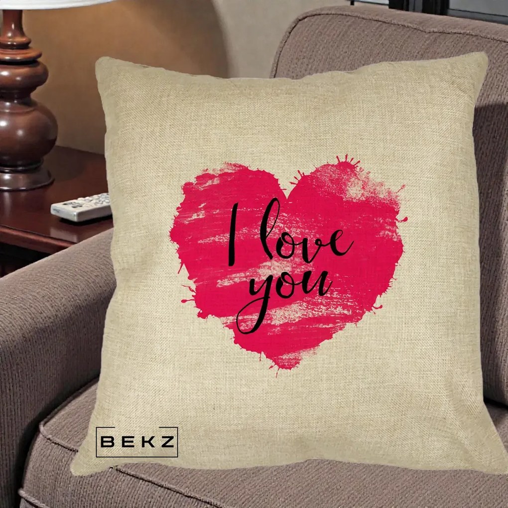 Cadou Romantic - Perna Personalizata I Love You Inima Roz, 40x40 cm, Crem, Husa Detasabila, Perna Inclusa, BEKZ®