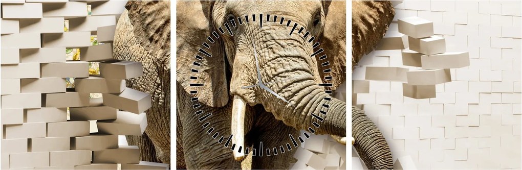 Tablou - Elefant spârgând peretele (cu ceas) (90x30 cm)