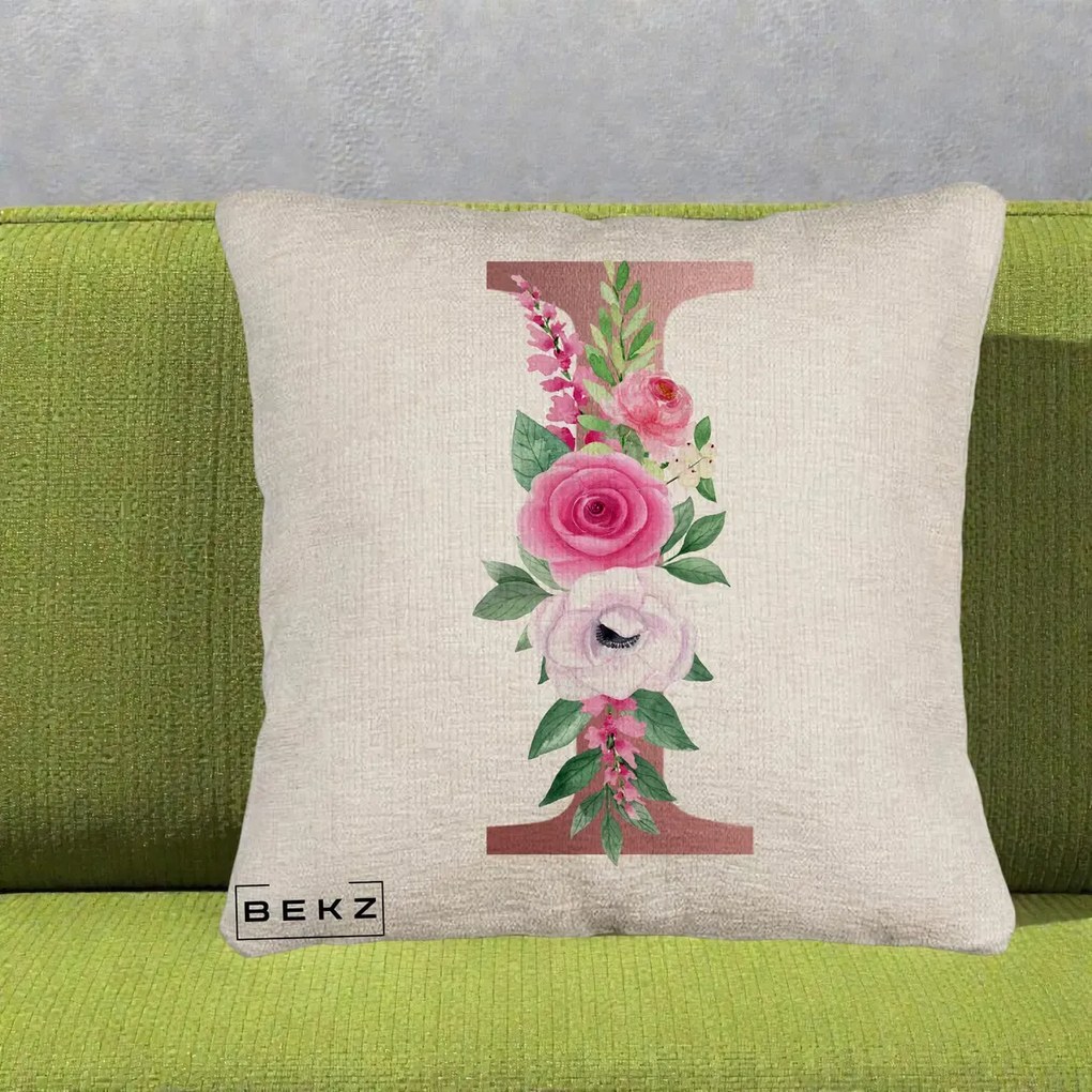 Cadou Personalizat - Perna Personalizata Monograma Rose Gold Litera I, 40x40 cm, Bej Canapea, Husa Detasabila, Perna Inclusa, BEKZ®