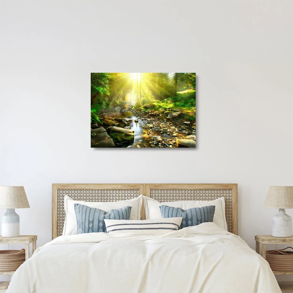 Tablou pe sticlă cu râul în pădurea verde (70x50 cm)