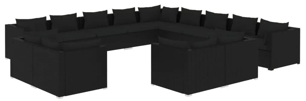 Set mobilier de gradina cu perne, 13 piese, negru, poliratan Negru, 7x colt + 6x mijloc, 1