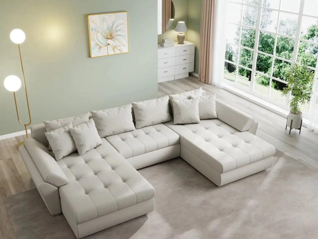 Colțar extensibil dumonde cu ladă de depozitare si sezut confortabil din spuma high-density, Loana U Enjoy Bej 355x185 cm