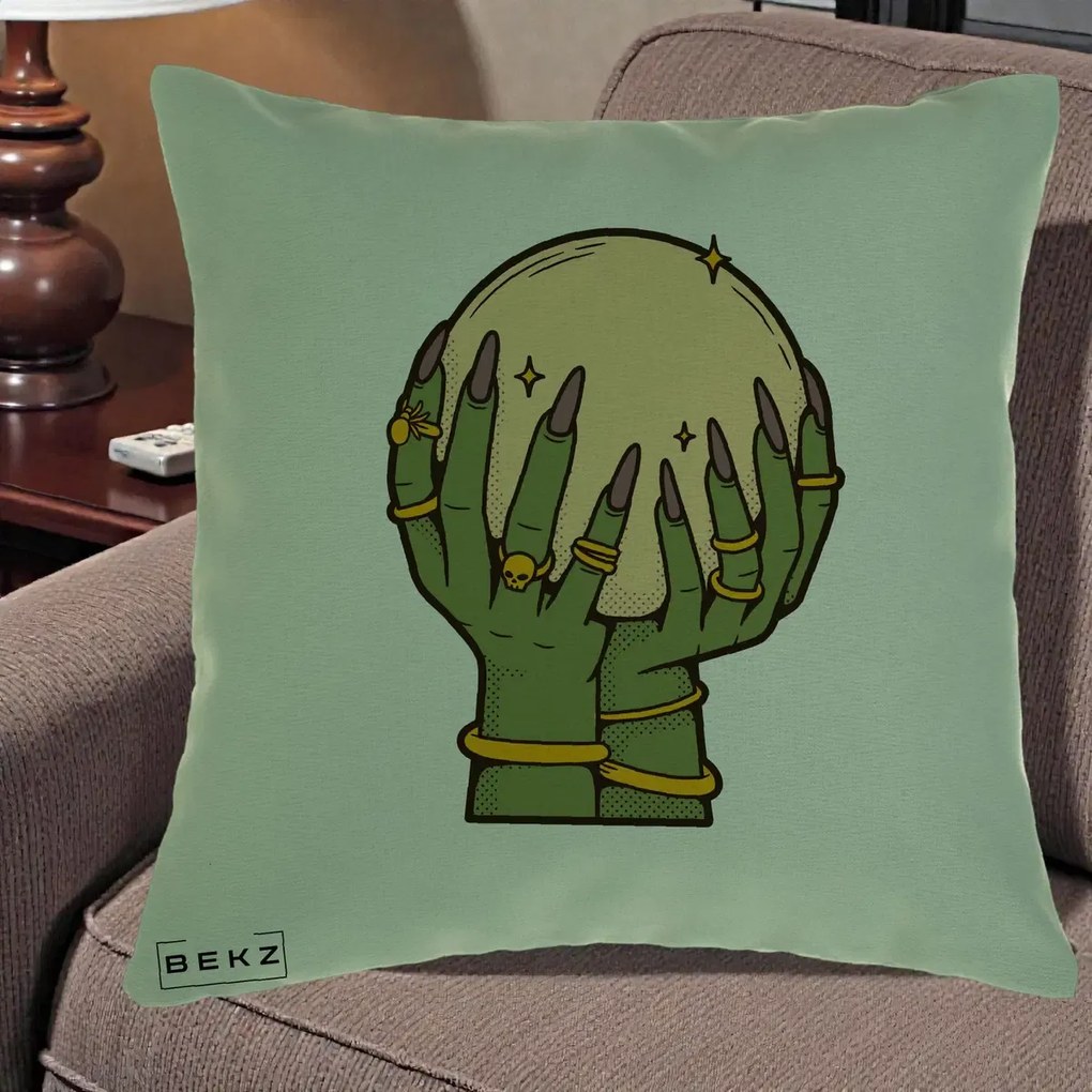 Perna Decorativa Halloween Maini Vrajitoare cu Glob de Cristal, 40x40 cm, Verde, Husa Detasabila, Perna Inclusa, BEKZ®