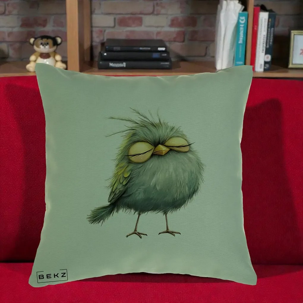 Perna Decorativa Pasare Teal Adormita cu Ochi Galbeni, 40x40 cm, Verde, Husa Detasabila, Perna Inclusa, BEKZ®