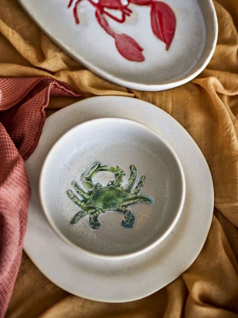Set 4 boluri din ceramică cu crab verde în relief, D14,5×H5 cm, „Hadden"