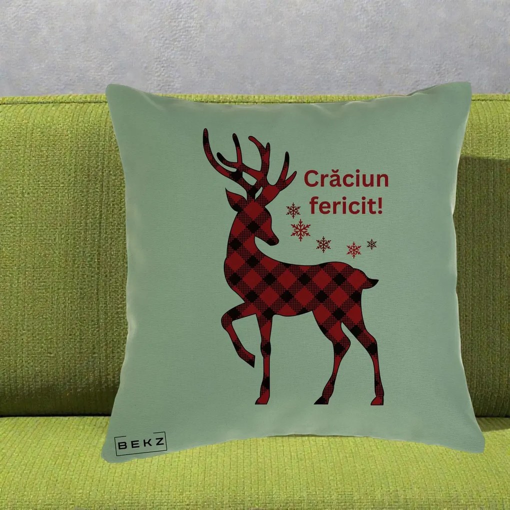 Perna Decorativa Ren Tartan Craciun Fericit, 40x40 cm, Verde, Husa Detasabila, Perna Inclusa, BEKZ®