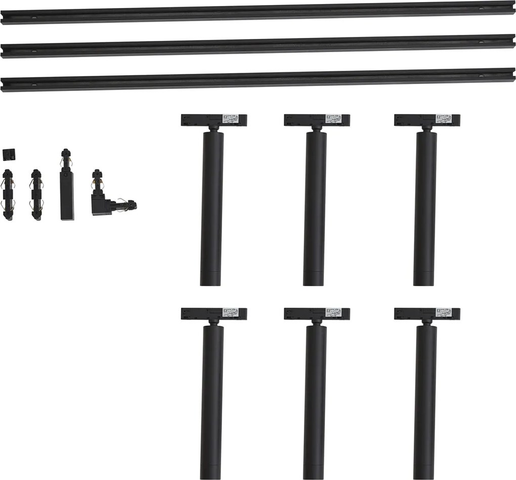 Sistem de iluminat cu șină modern negru cu 6 spoturi negre monofazate - Slimline Avery