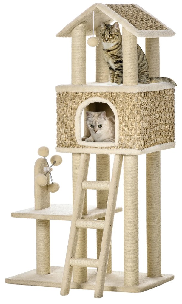 PawHut cu vizuină pentru pisici cu jucării Sisal Plus Khaki + Bej + Cafea | Aosom Romania