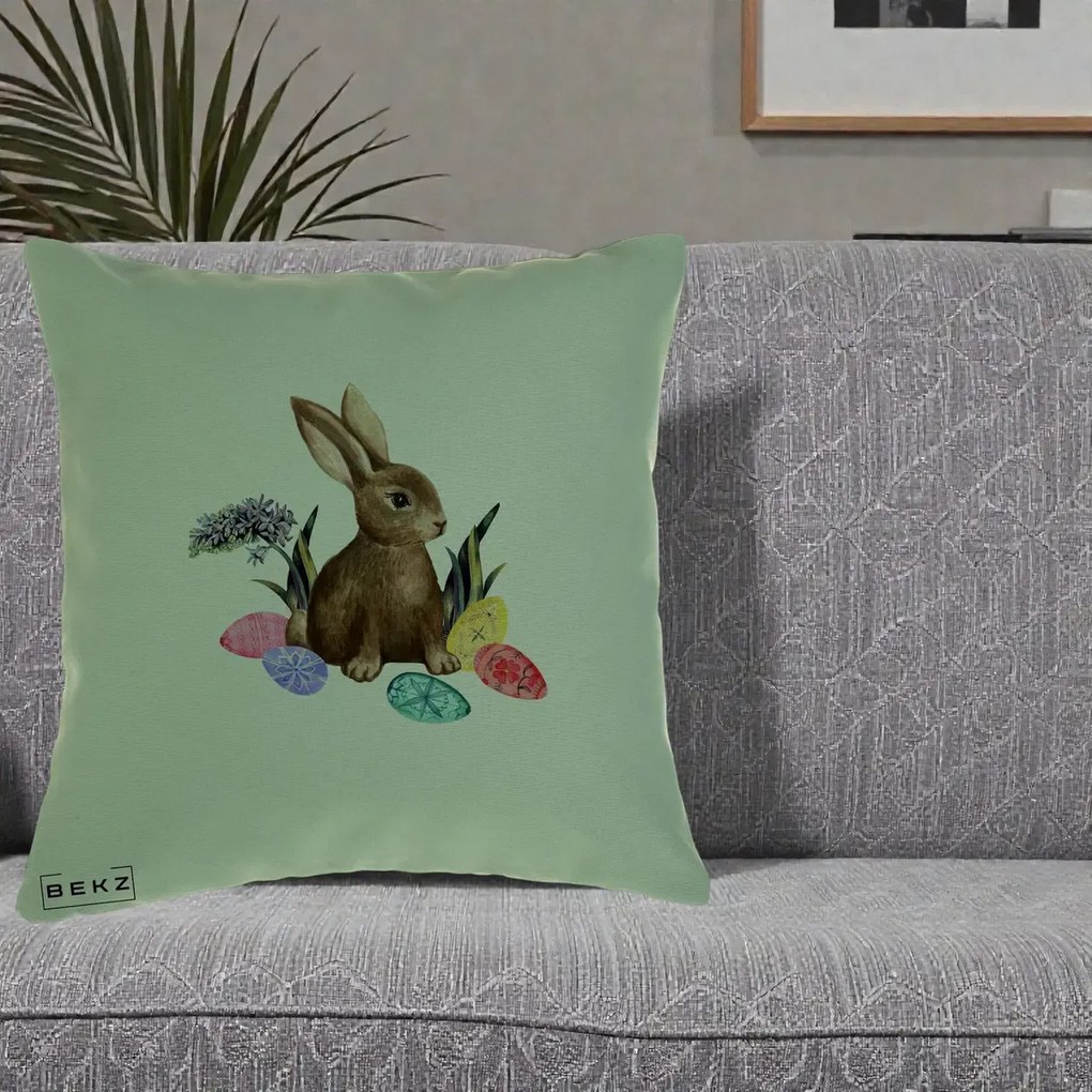 Perna Decorativa Iepuras cu Oua de Pasti Acuarela, 40x40 cm, Verde, Husa Detasabila, Perna Inclusa, BEKZ®