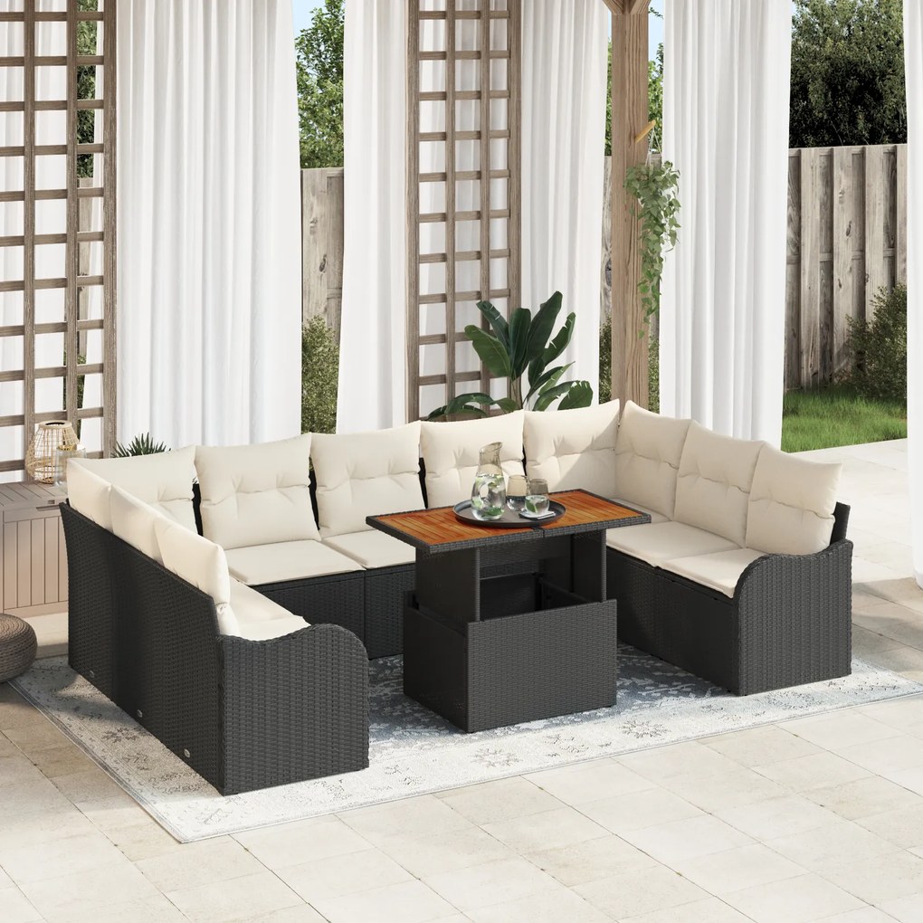 Set 10 Piese Canapea de Grădină cu Perne Negru Ratan Poliwoven Acacia