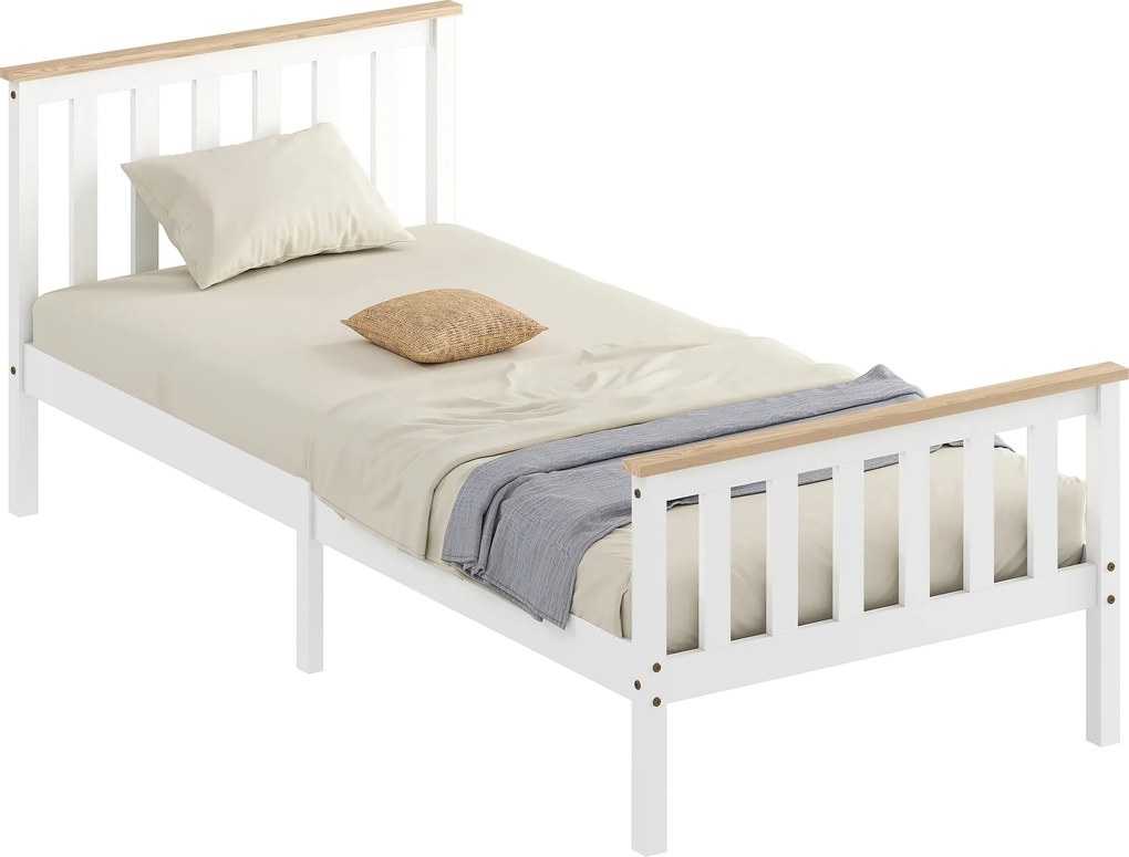 HOMCOM Cadru pat single, cadru din lemn, spațiu depozitare inferior, lemn natural, alb | Aosom Romania