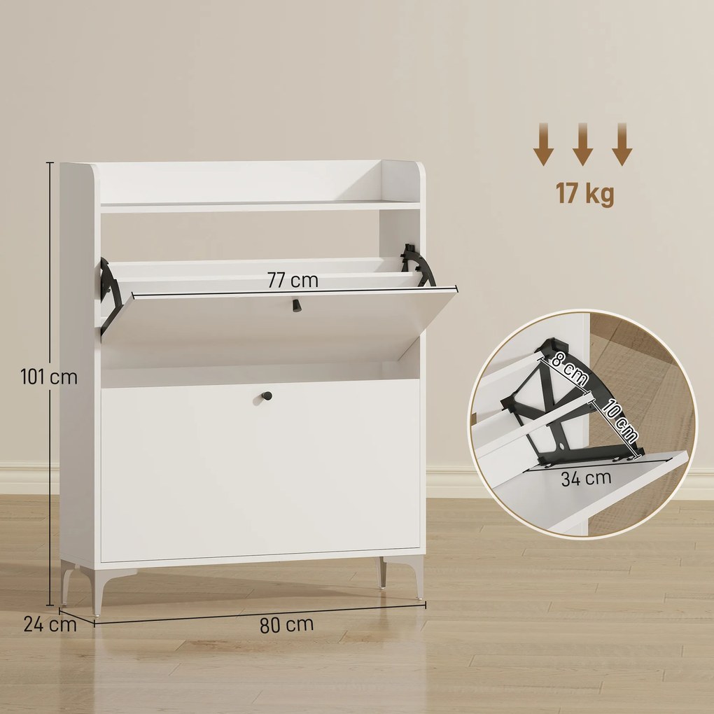 HOMCOM Dulap pentru încălțăminte Slim cu 2 sertare basculante și rafturi ajustabile, din lemn și metal, 80x24x101cm, alb | Aosom Romania