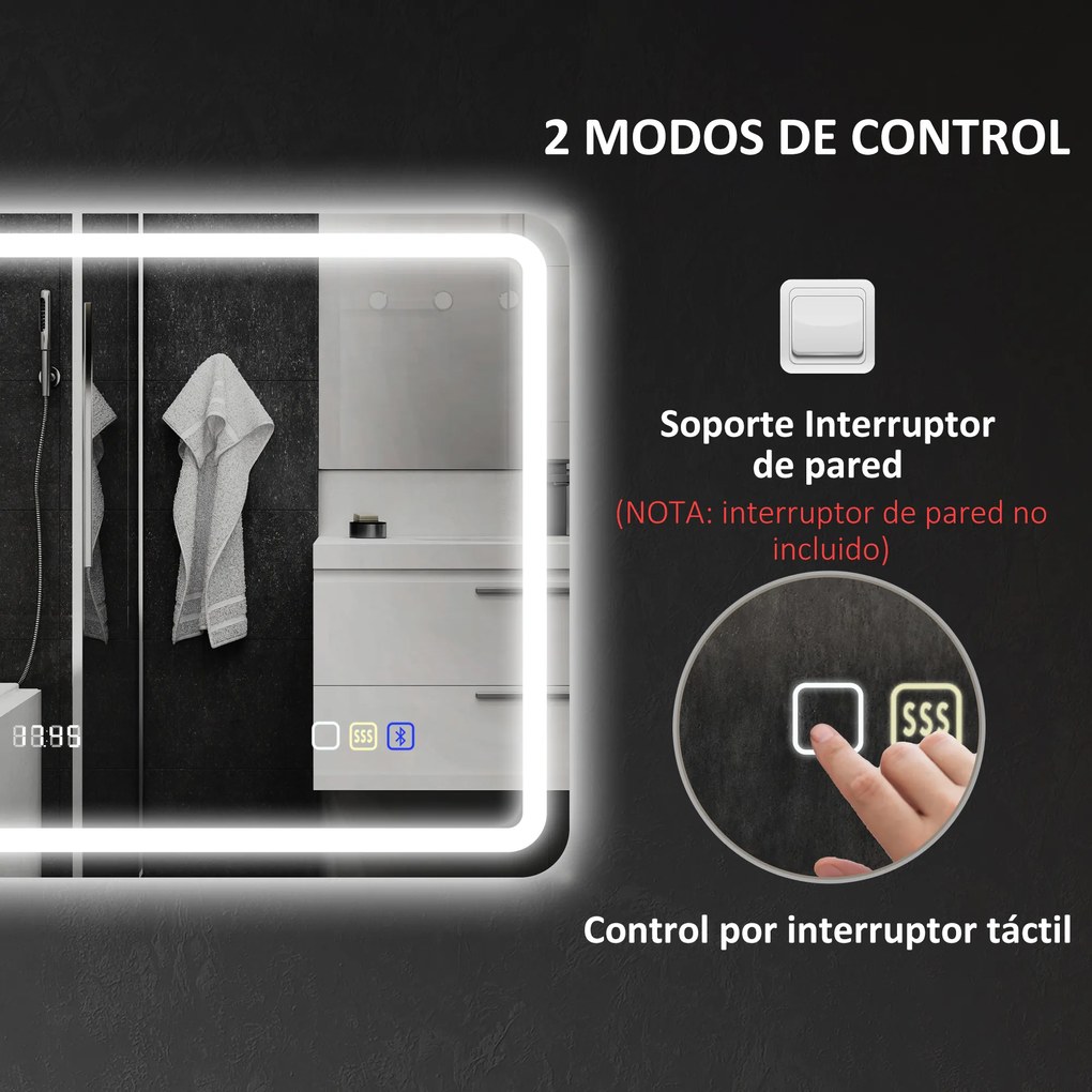 HOMCOM Oglindă de Baie cu LED 70x50 cm cu Bluetooth 3 Culori de Lumină Ceas Digital Funcție Antighear Funcție de Memorie | Aosom Romania