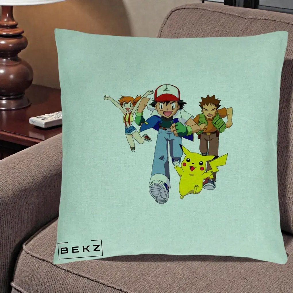 Perna Personalizata Pokemon Ash Misty Brock si Pikachu, 40x40 cm, Verde Menta, Husa Detasabila, Perna Inclusa, BEKZ®