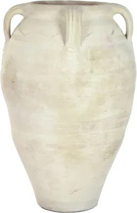 Vas decorativ amforă din teracotă artizanală, finisaj craft alb-crem, cu 4 anse, 57×57×93 cm, „Jerba"