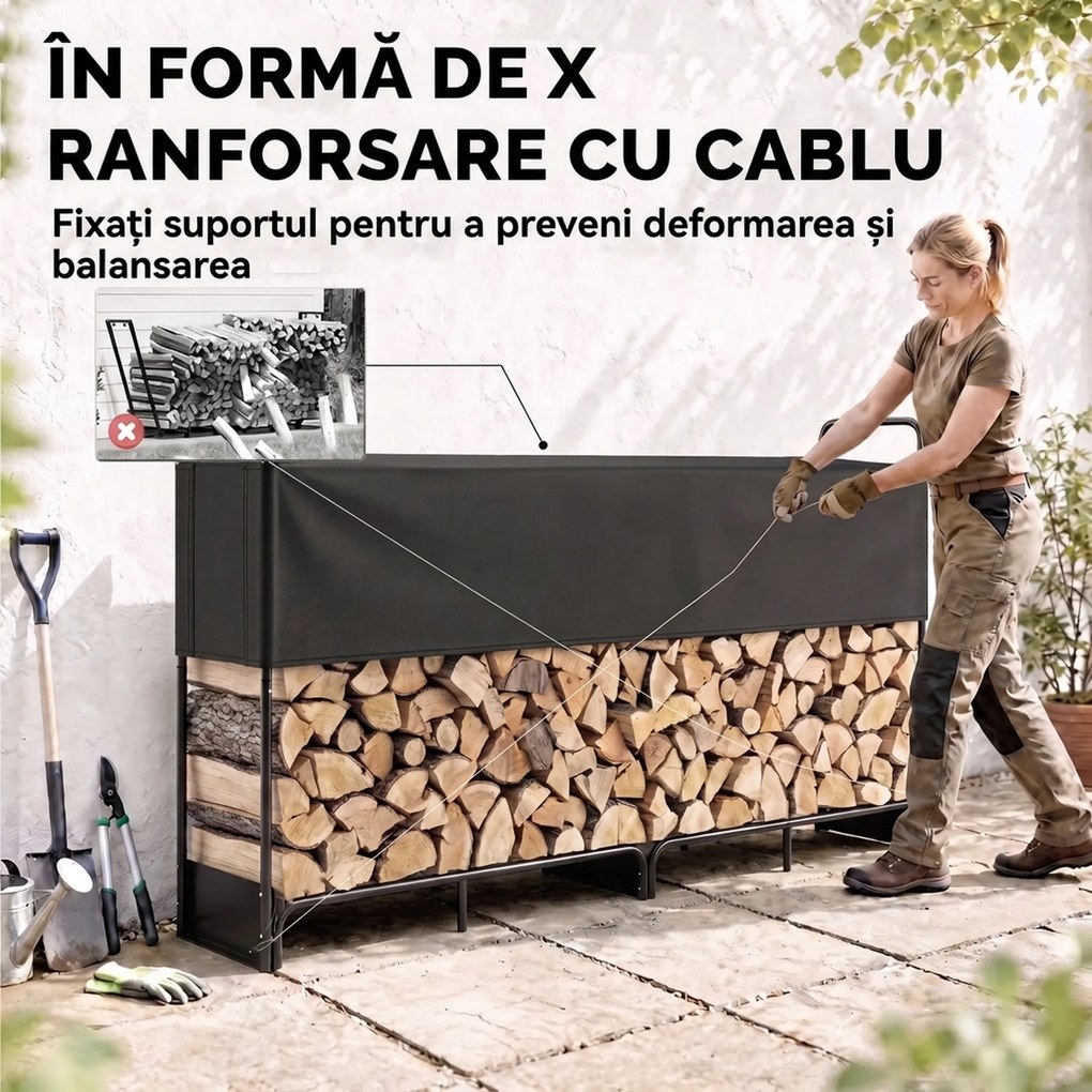 Outsunny Suport Lemne de Foc Interior și Exterior din Oțel Galvanizat cu Husă Oxford, 500 kg, 260x38x118 cm, Negru | Aosom Romania