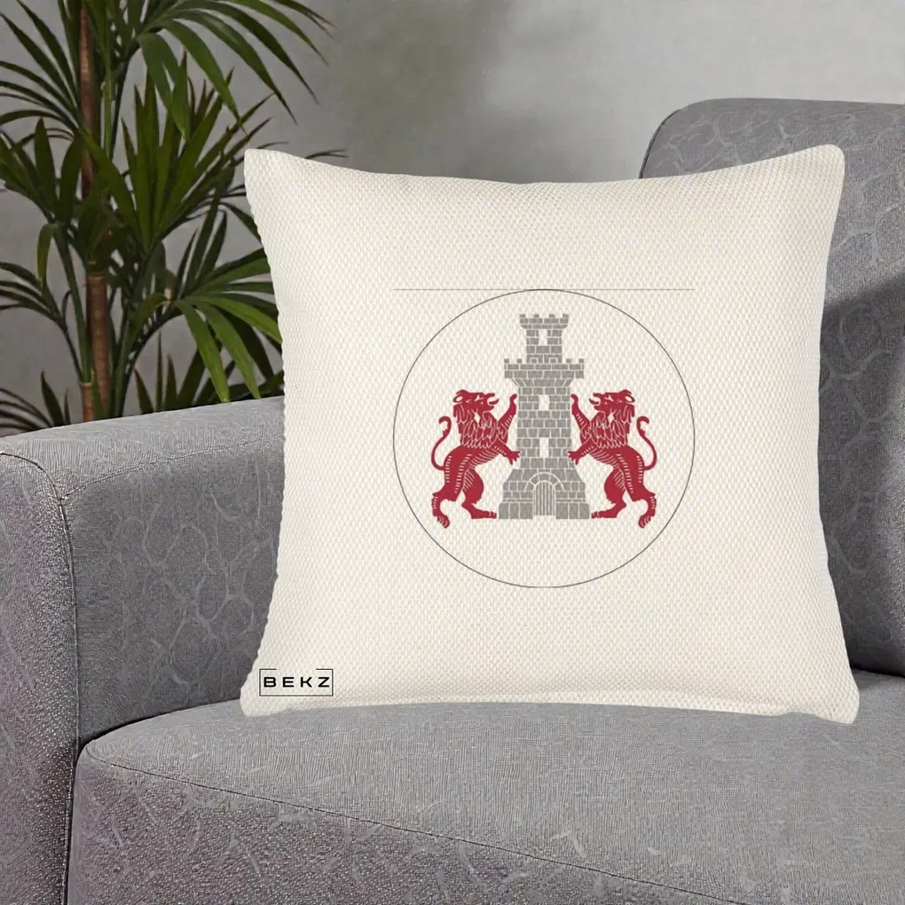 Perna Personalizata Cetatea Turnu Magurele Heraldic, 40x40 cm, Crem Reliefat, Husa Detasabila, Perna Inclusa, BEKZ®