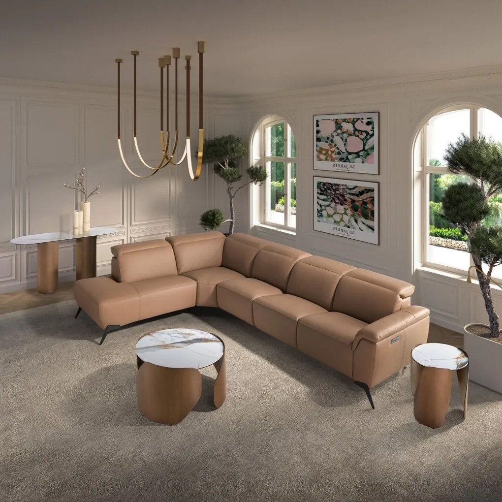 Coltar modular LUX design italian cu sezlong stanga Piele Naturala, Brown