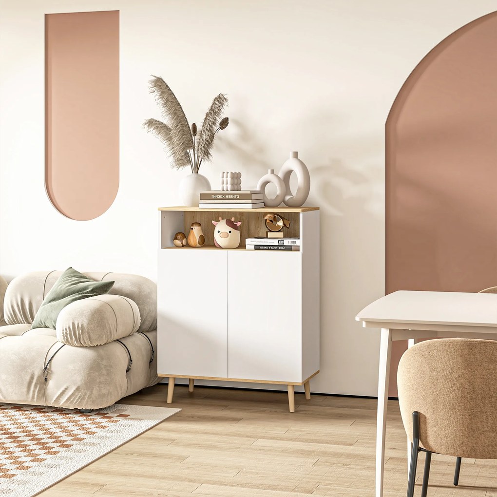 HOMCOM Mobilier de depozitare bufet pe picior scandinav dulap 2 uși cu raft interior alb și aspect lemn | Aosom Romania