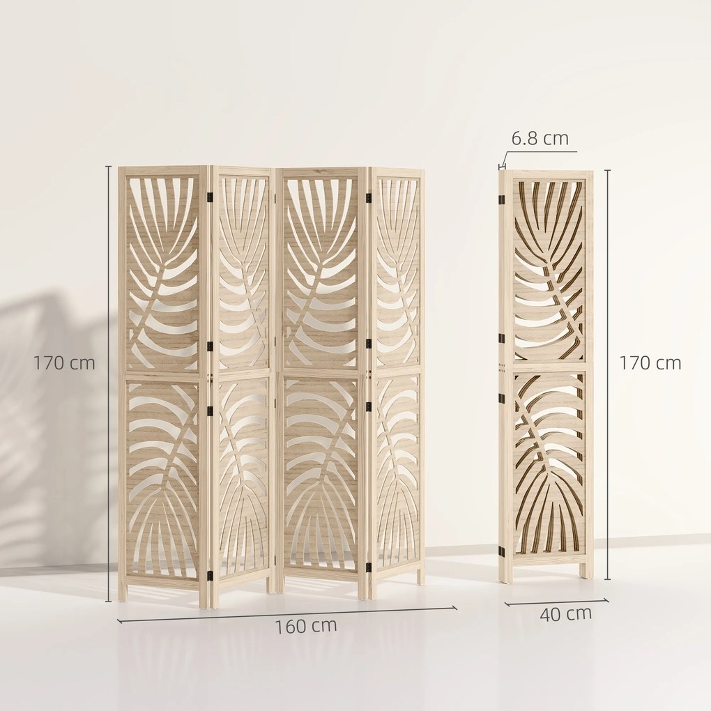 HOMCOM Paravan interior din lemn 4 panouri 160 x 170 cm, pliabil și portabil, model frunză, design detașabil, lemn natural | Aosom Romania