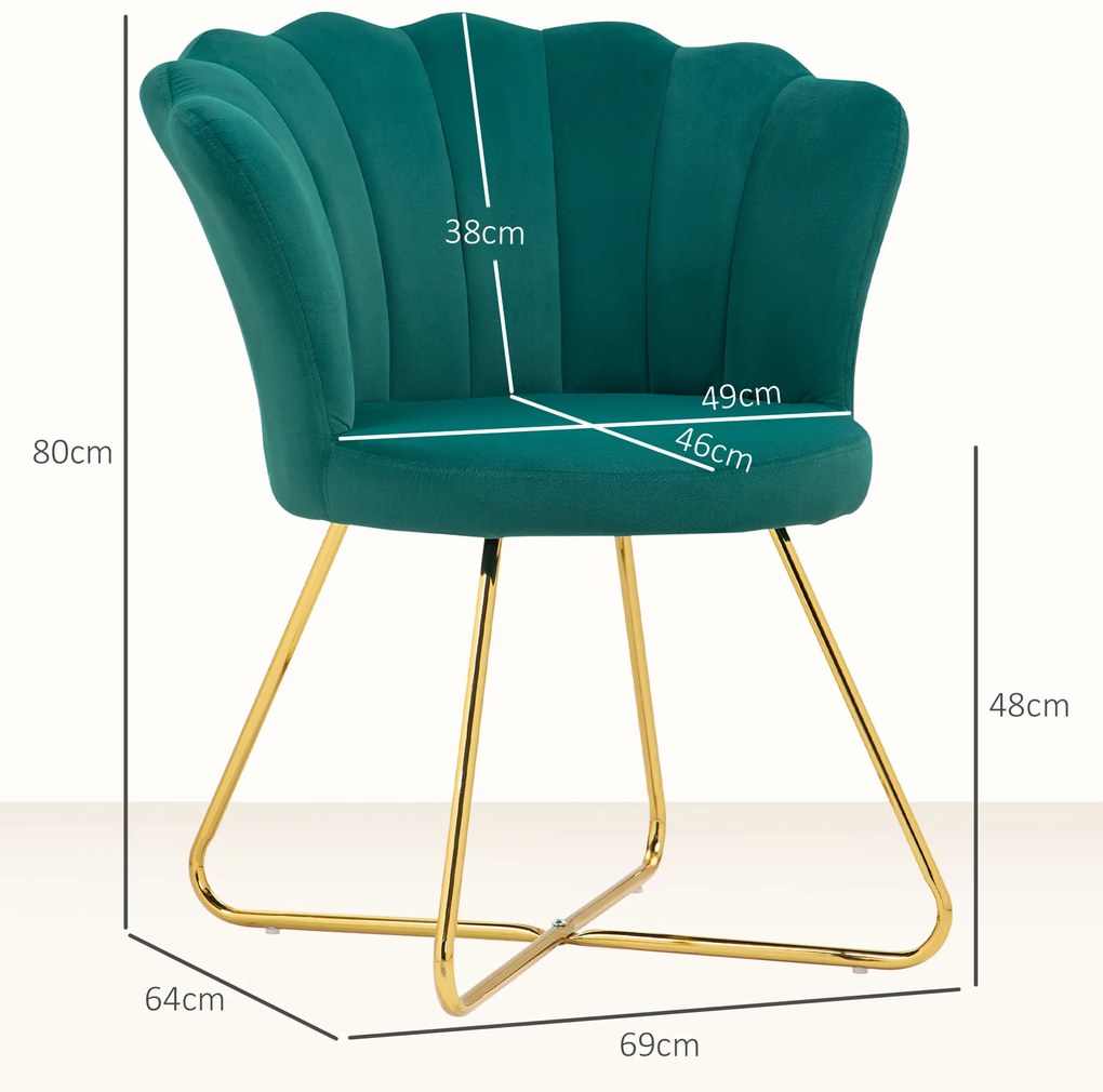 HOMCOM Fotoliu coquillage fotoliu de machiaj fotoliu din catifea fotoliu de salon cu picioare din oțel 69 x 64 x 80 cm verde închis | Aosom Romania