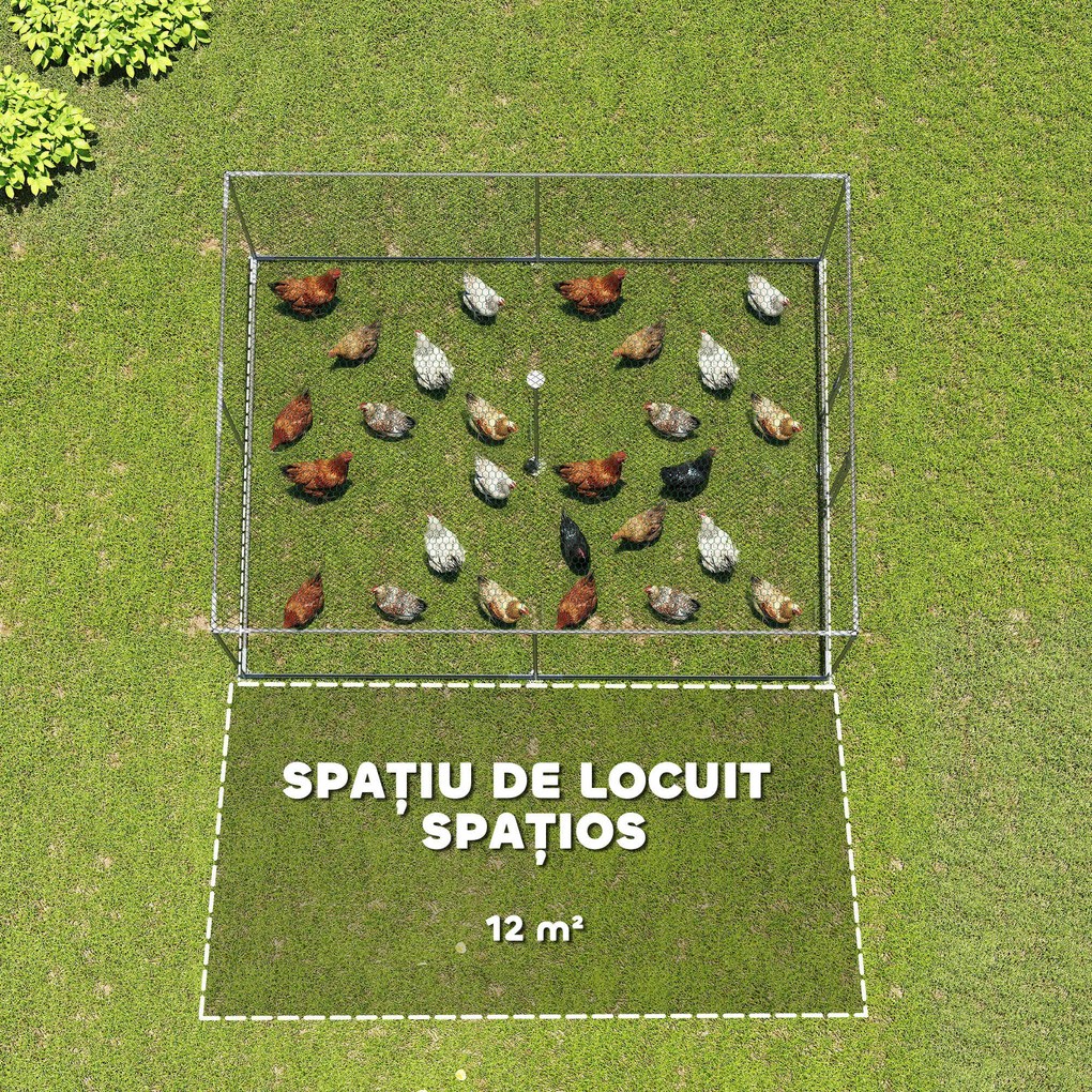 PawHut Țarc pentru Găini de Exterior, 4x3x2m 12㎡ Adăpost pentru Găini din Oțel Galvanizat cu Acoperiș Impermeabil Anti-UV și Închidere Dublă, Coteț pentru Păsări, Animale Mici, Iepuri și Rațe | Aosom Romania