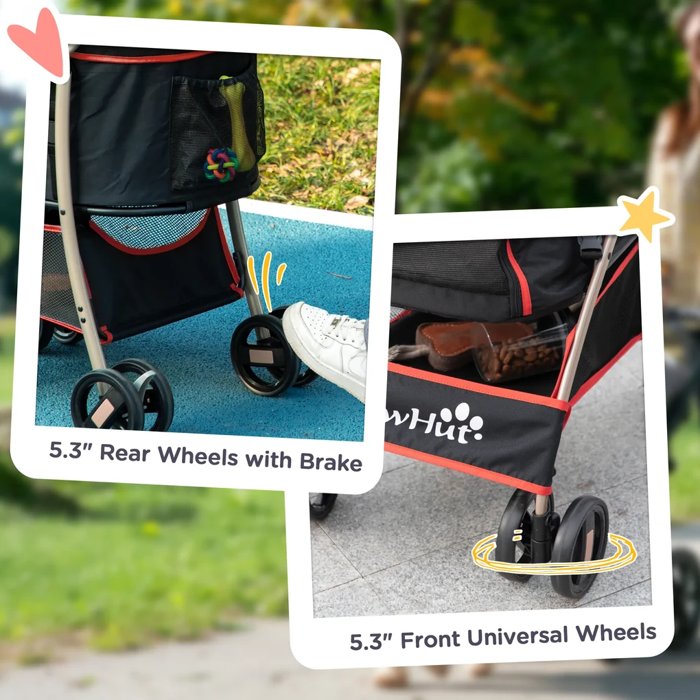 PawHut Cărucior pentru Câini Pliabil și Convertibil în Geantă de Transport cu 2 Lese și Pernă, 82x49.5x98 cm, Roșu | Aosom Romania