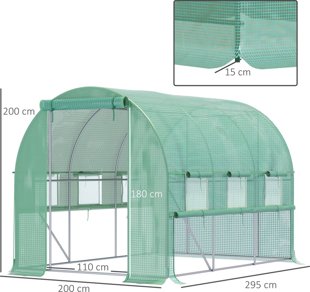 Outsunny Sera de Grădină Tip Tunel 3x2x2 m cu Ușă Rulabilă și 6 Ferestre cu Plasă, Sera pentru Grădină cu Structură din Oțel și Acoperire PE, pentru Legume, Flori, Fructe, Anti UV, Verde | Aosom Romania