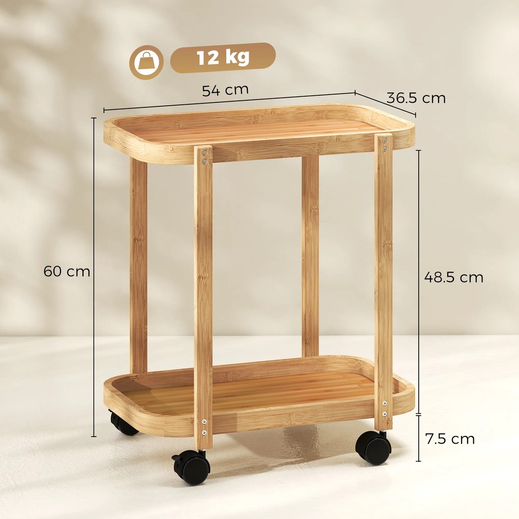 HOMCOM Cărucior de bucătărie din bambus 2 niveluri Cărucior auxiliar pentru bucătărie cu roți 2 rafturi 54x36,5x60 cm Natural | Aosom Romania
