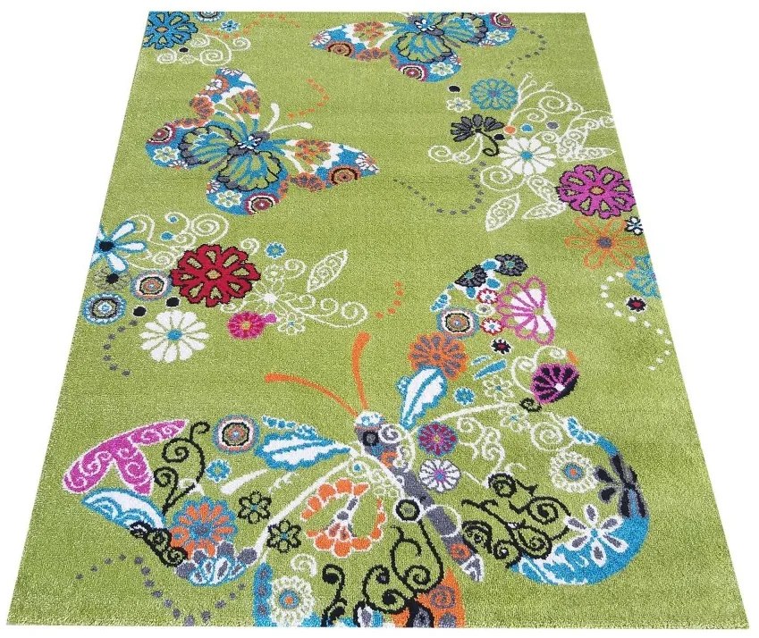 Covor modern verde pentru camera copiilor cu fluturi Lăţime: 120 cm | Lungime: 170 cm