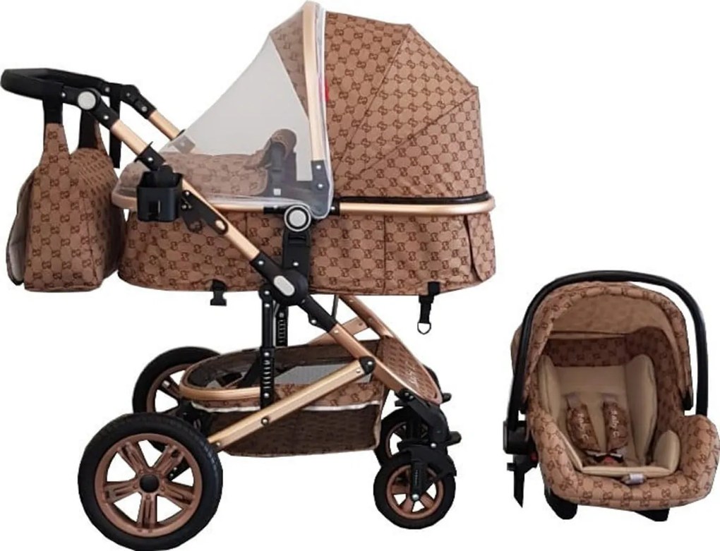 Carucior nou nascuti 3 in 1 Baby Care™ PRO 530 , Cu geanta bebe, Cadru Aluminiu Gold, Amortizoare, Roti din cauciuc plin AVE, Landou, Scoica auto,