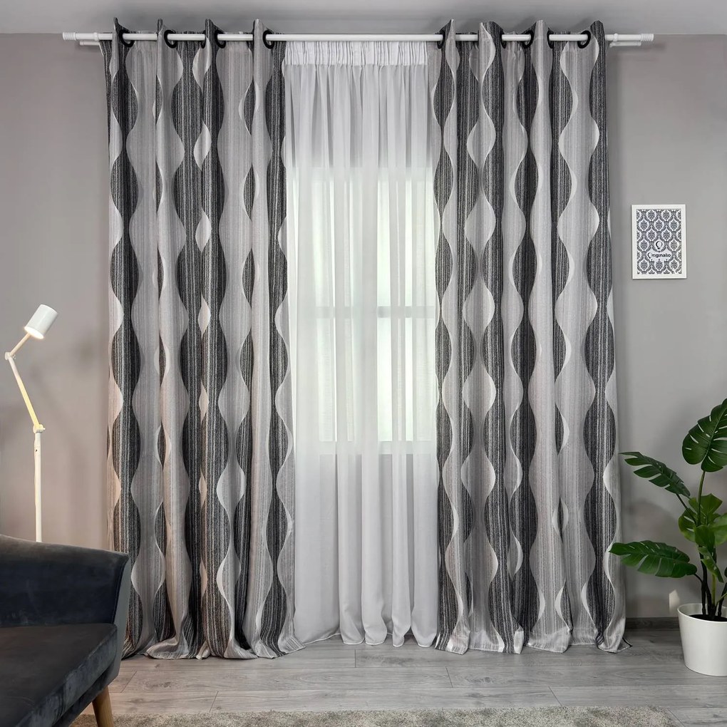 Set două Draperii (Blackout), din Jacquard + Stofă premium (Model texturat), Gata lucrate (Inele galerie), Culoare Gri + Negru, Dimensiuni draperie 160x260 cm (x2), Brand Originalio