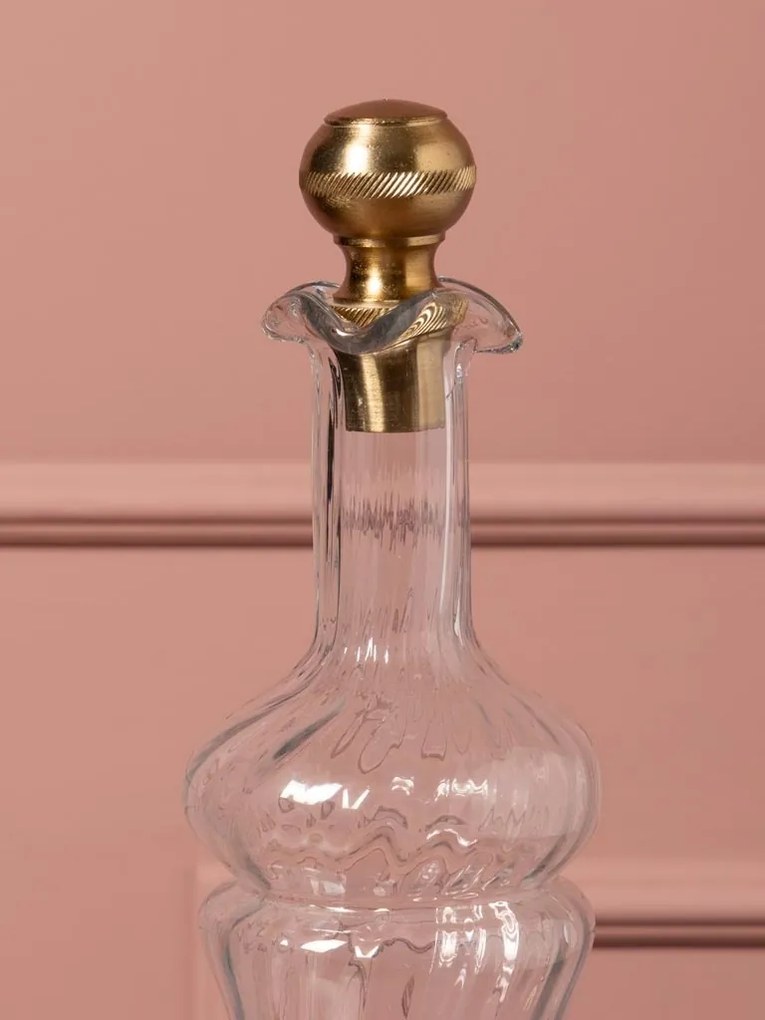 Set 2 sticle decorative din sticlă canelată cu capac sferic din alamă antichizată, 33 × 10 cm, „Flacon"