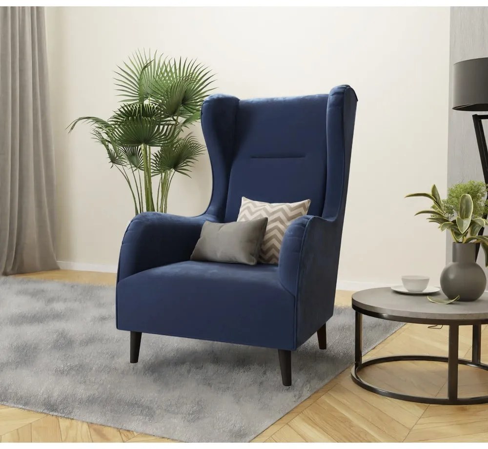 Fotoliu wing albastru cu tapițerie din catifea Carole – Ropez
