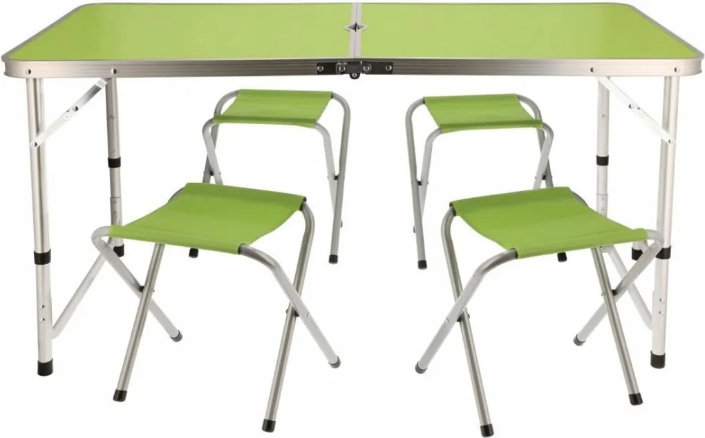 Set mobilier de camping pliabil, Jumi, verde, masă cu picioare reglabile și 4 tabureți