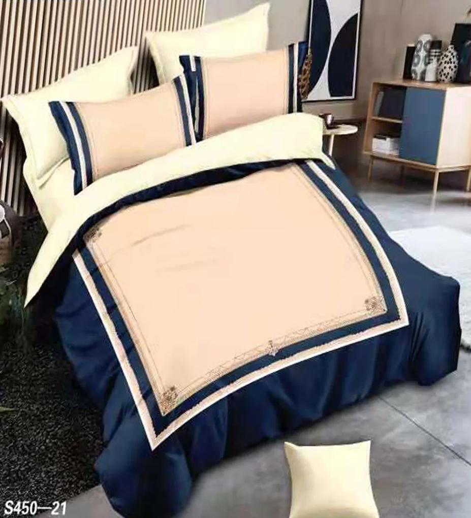 Lenjerie de pat din catifea, pat 2 persoane, 6 piese, crem / bleumarin, S450-21