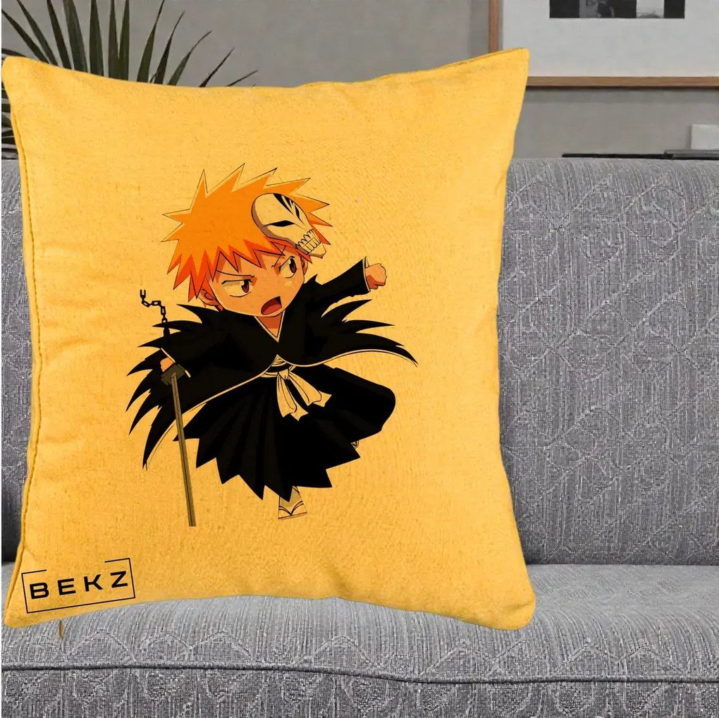 Perna Personalizata Bleach Ichigo Chibi cu Masca, 40x40 cm, Galben, Husa Detasabila, Perna Inclusa, BEKZ®