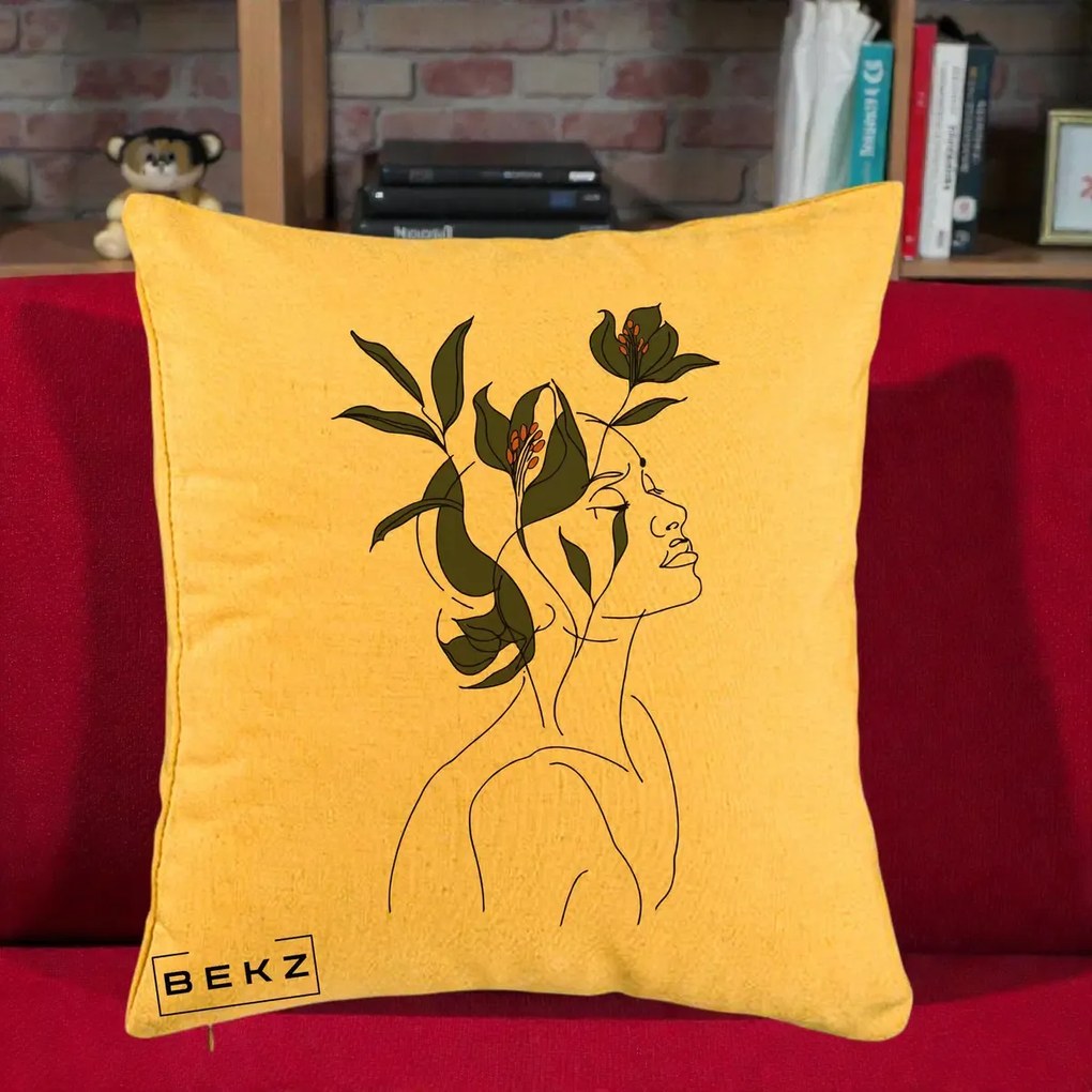 Perna Decorativa Portret Feminin Crin Verde, 40x40 cm, Galben, Husa Detasabila, Perna Inclusa, BEKZ®
