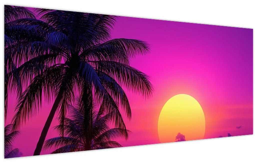 Tablou - Apus violet cu palmier (120x50 cm)