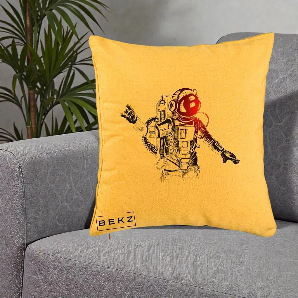 Perna Decorativa Astronaut Rock Sketching, 40x40 cm, Galben, Husa Detasabila, Perna Inclusa, BEKZ®