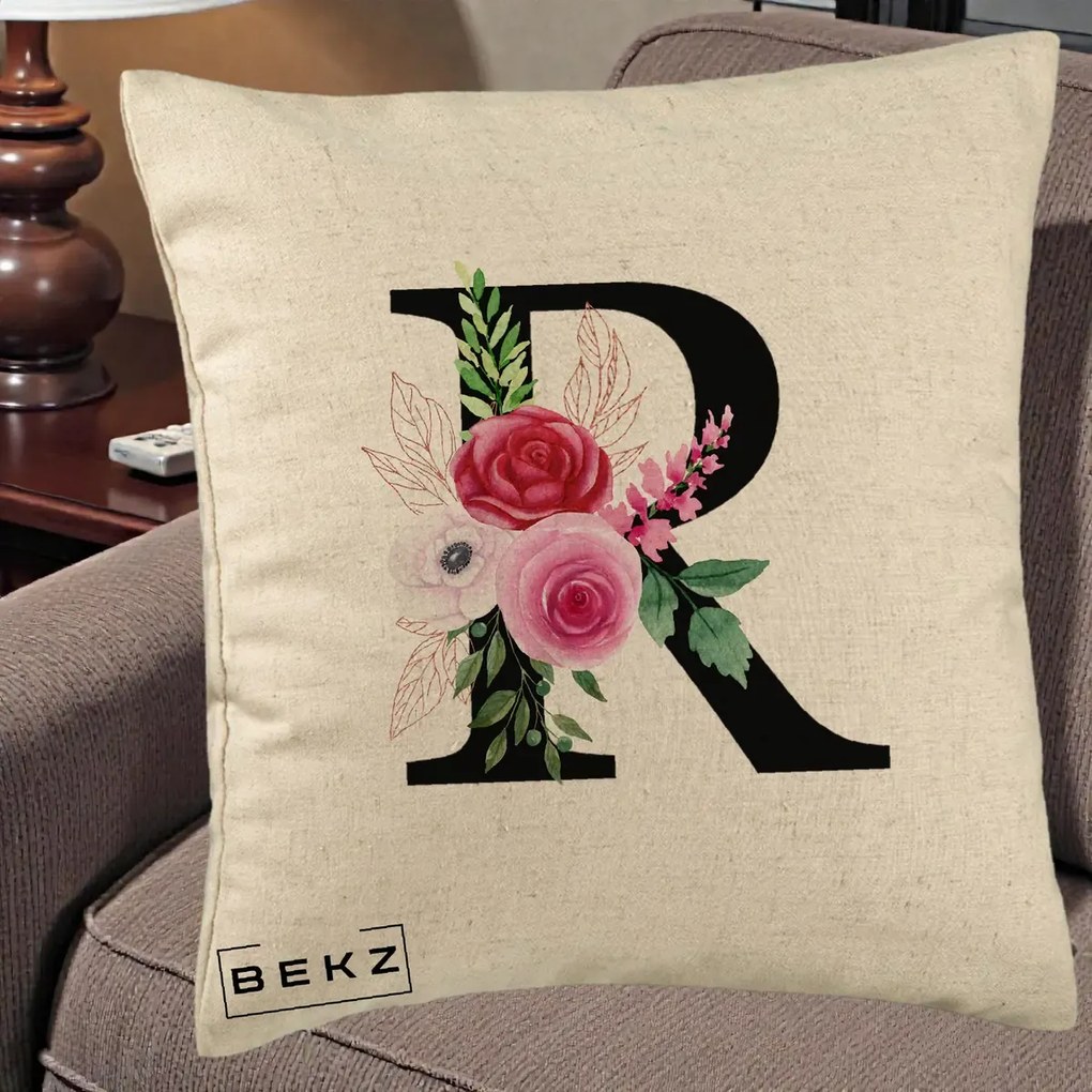 Cadou Personalizat - Perna Personalizata Monograma Florala Litera R, 40x40 cm, Bej, Husa Detasabila, Perna Inclusa, BEKZ®
