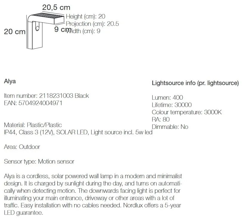Lampa LED de perete solara cu senzor pentru iluminat exterior, stil modern IP44 Alya 2118231003 NL