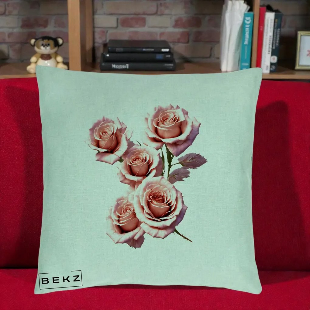 Perna Decorativa Trandafiri Roz Pastel Acuarela, 40x40 cm, Verde Menta, Husa Detasabila, Perna Inclusa, BEKZ®