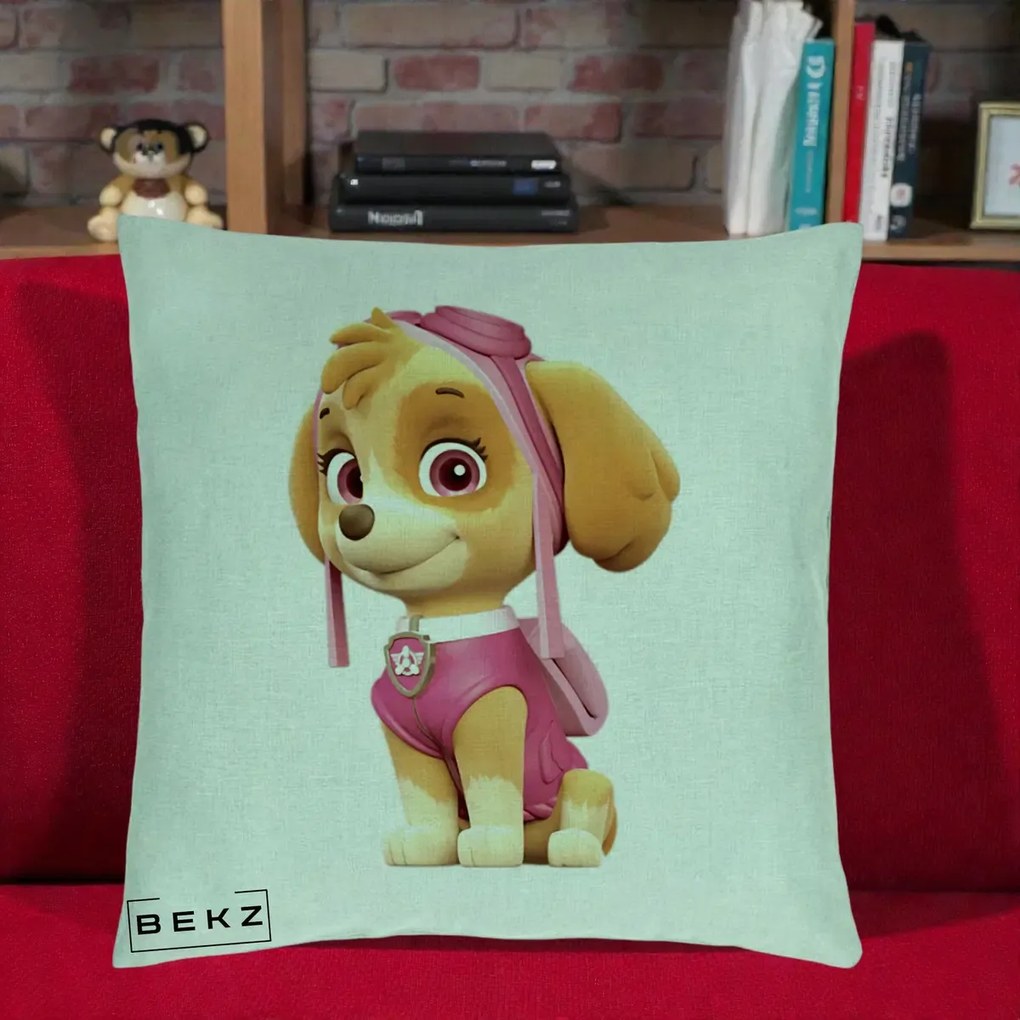 Perna Personalizata Skye PAW Patrol Roz, 40x40 cm, Verde Menta, Husa Detasabila, Perna Inclusa, BEKZ®