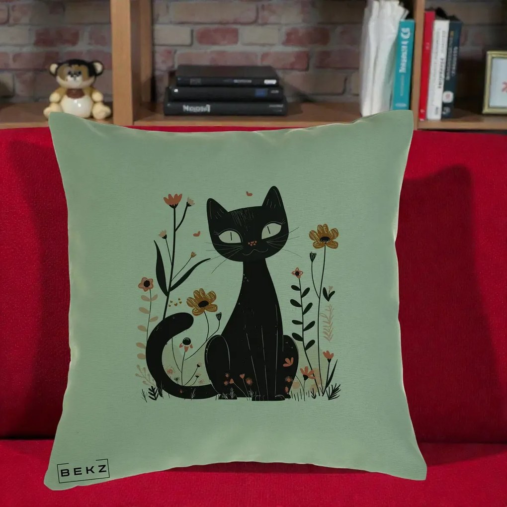 Perna Decorativa Pisica Neagra Flori Pastel Folk, 40x40 cm, Verde, Husa Detasabila, Perna Inclusa, BEKZ®